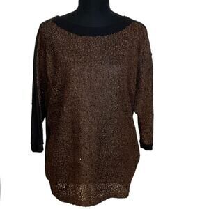 FDJ French Dressing Jeans Brown Black Open Knit Sequin Top Sheer Blouse Small